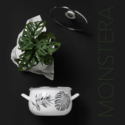 Emalia Monstera deliciosa blad decoratie geëmailleerde kookpan met glazen deksel 16 cm 2.2 Liter wit / zwart
