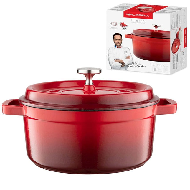 Florina professionele gietijzeren braadpan stoofpan emaille Ø 24 cm 3.5L rood geschikt voor inductie